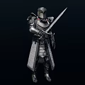 Man in medieval knight armor standing holding sword with detailed metal design