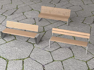 Wooden Outdoor Benches With Metal Frames On Stone Pavement And Grass 3d model