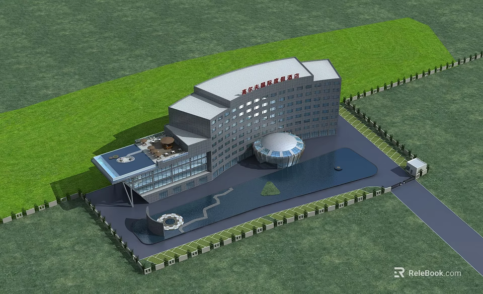 Modern Hotel Building Exterior With Green Lawn Circular Structure And Glass Facade 3d model 