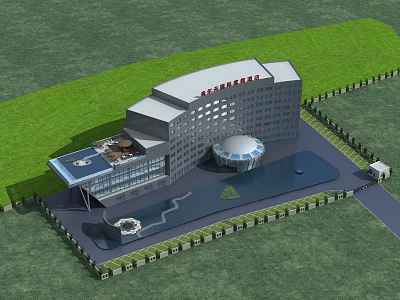 Modern Hotel Building Exterior With Green Lawn Circular Structure And Glass Facade 3d model