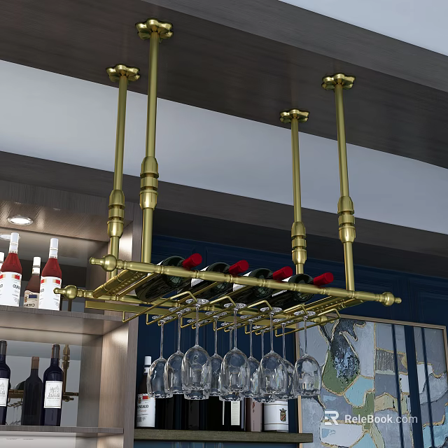 Modern Gold Wine Cabinet With Hanging Wine Glasses And Bottles 3d model 
