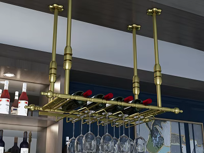 Modern Gold Wine Cabinet With Hanging Wine Glasses And Bottles 3d model