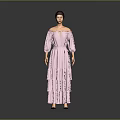 Elegant Female 3D Character Model With Pink Off Shoulder Layered Long Dress Design
