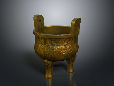Ancient Bronze Sculpture Featuring Intricate Carvings Three Legs And Double Handles 3d model
