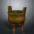 Ancient Bronze Sculpture Featuring Intricate Carvings Three Legs And Double Handles
