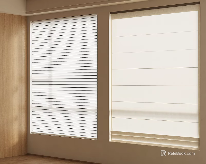 Modern Room Interior With Window Blinds In White And Beige On Wooden Wall 3d model 