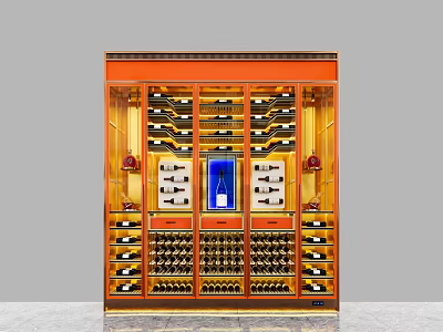 Modern Wine Cabinet With Orange Frame Gold Shelves And Blue Display Panel 3d model