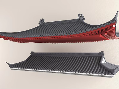Traditional Ancient Architecture Roof With Black Tiles Red Curved Eaves And Ornaments 3d model