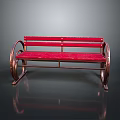 Red Public Bench With Modern Metal Frame And Smooth Wooden Slat Seat