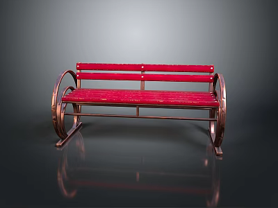 Red Public Bench With Modern Metal Frame And Smooth Wooden Slat Seat 3d model