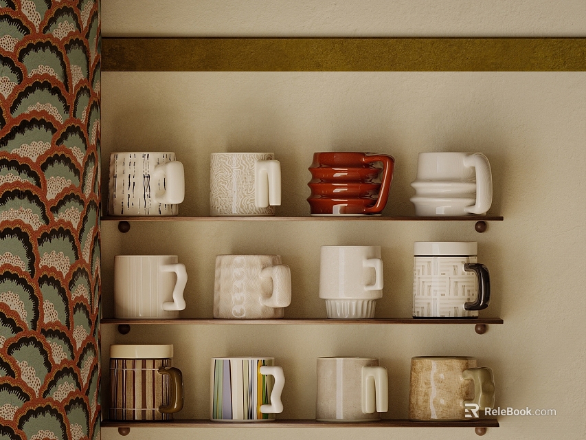 Decorative Mugs Neatly Arranged On Three Tiered Shelves With Various Designs 3d model 