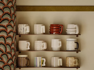 Decorative Mugs Neatly Arranged On Three Tiered Shelves With Various Designs 3d model
