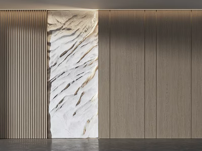 Modern Wooden Wall Paneling With Vertical Slats And Marble Texture Decor 3d model