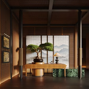 New Chinese Style Hotel Hall Floriculture Device Bonsai End Desk 3d model