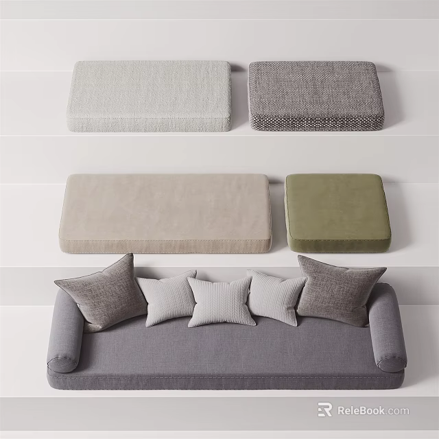 Grey Sofa With Beige Green Cushions And Multiple Soft Pillows For Home Living 3d model 