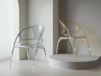 Transparent Modern Dining Chairs With Hollow Backrest In Gray And Gold On White Circular Stand 3d model