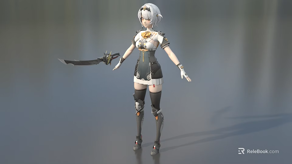 Anime Style Game Movie Character With White Hair And Mechanical Outfit Holding Sword 3d model 