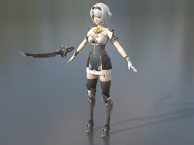 Anime Style Game Movie Character With White Hair And Mechanical Outfit Holding Sword 3d model