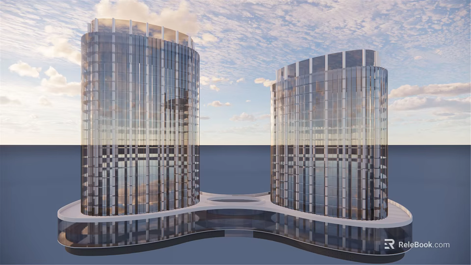 Twin Modern Office Buildings With Glass Curtain Walls And Waterfront View 3d model 