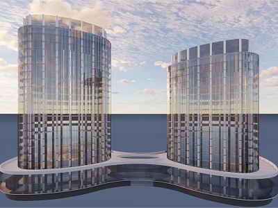 Twin Modern Office Buildings With Glass Curtain Walls And Waterfront View 3d model