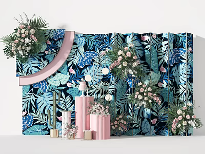 Elegant Event Backdrop With Tropical Plant Pattern And Pink Pillar Decorations 3d model