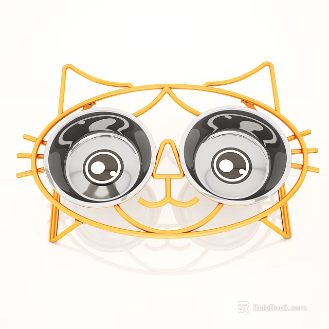 Cat Face Shaped Pet Feeder With Double Stainless Steel Bowls And Orange Metal Frame 3d model 