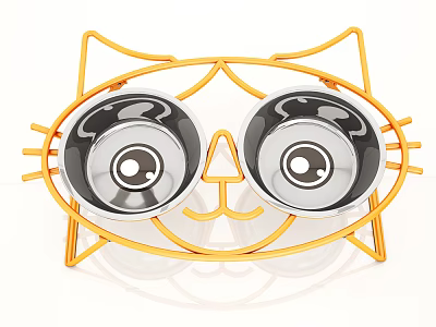 Cat Face Shaped Pet Feeder With Double Stainless Steel Bowls And Orange Metal Frame 3d model