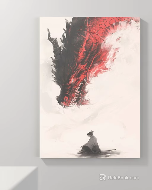 Red Black Dragon Animal Painting with Sharp Teeth Red Eyes Light Background Seated Swordsman Below 3d model 