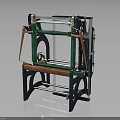 Vintage Manual Printing Press With Green Frame Wooden Base And Metal Rollers