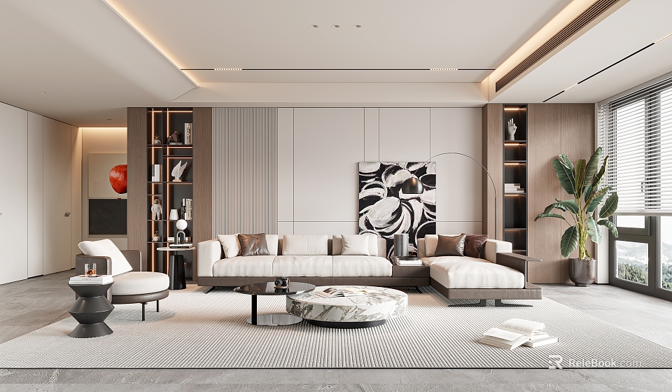 Modern Living Dining Room Interior With Sectional Sofa Wall Art And Marble Coffee Table 3d model 