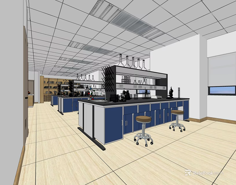 Modern Laboratory Interior With Blue Workbenches Cabinets Stools And Lab Equipment 3d model