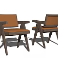 Two Modern Dining Chairs With Armrests Wooden Frame And Brown Leather Upholstery