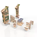 Traditional Architectural Elements Columns Walls Steps And Roof Models With Stone Green Tile Details