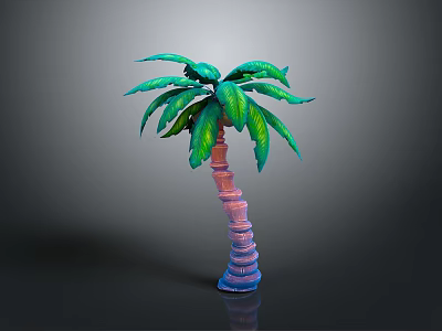Green Leaf Palm Tree With Pink And Blue Trunk On Gray Background 3d model