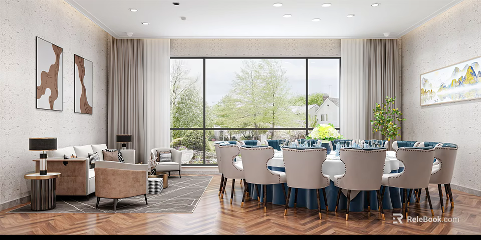 Elegant Private Dining Room Interior With Round Table Comfortable Chairs And Large Windows 3d model
