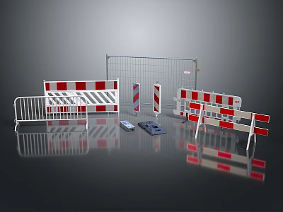 Various Safety Fences With Metal Mesh Barriers Red White Stripes Warning Signs And Base Plates 3d model