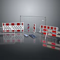 Various Safety Fences With Metal Mesh Barriers Red White Stripes Warning Signs And Base Plates