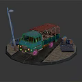 Blue Vintage Truck Miniature Scene With Street Lamp Oil Drum And Wooden Crate