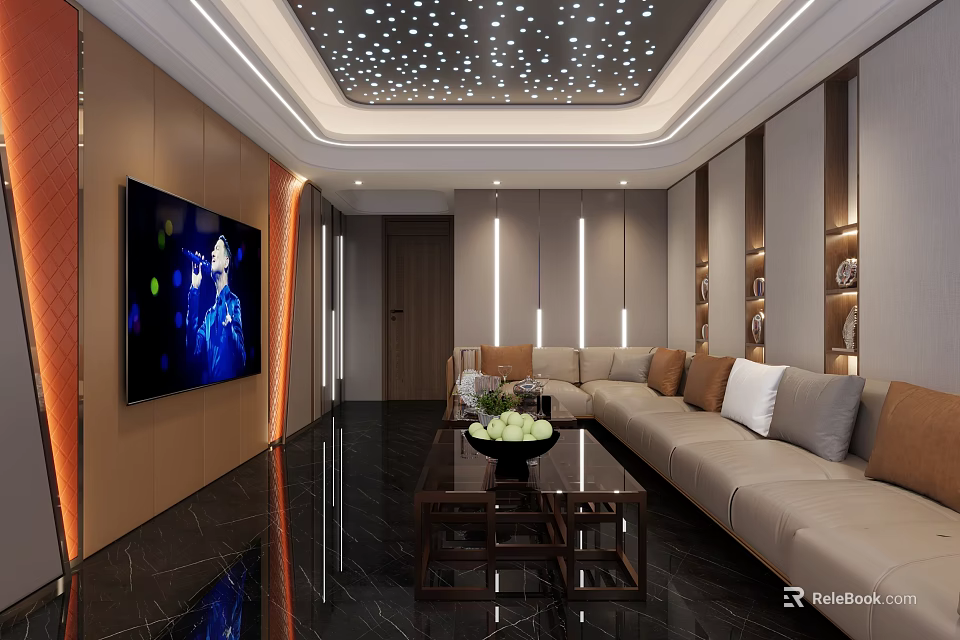 Luxury KTV Lounge Interior With Large Screen TV Beige Sofa Starry Ceiling Lights And Cushions 3d model 