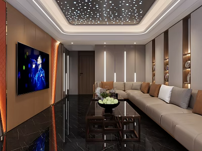 Luxury KTV Lounge Interior With Large Screen TV Beige Sofa Starry Ceiling Lights And Cushions 3d model
