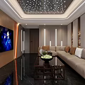 Luxury KTV Lounge Interior With Large Screen TV Beige Sofa Starry Ceiling Lights And Cushions