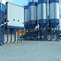 Industrial Factory Featuring Blue Roof Yellow Equipment Orange Construction Vehicles And White Blue Storage Silos