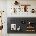 Pegboard Wall Decor With White Black Panels Hanging Hats Bags Headphones And Storage Shelves