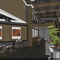 Traditional Chinese Restaurant Kitchen Interior With Dining Tables And Decorative Paintings