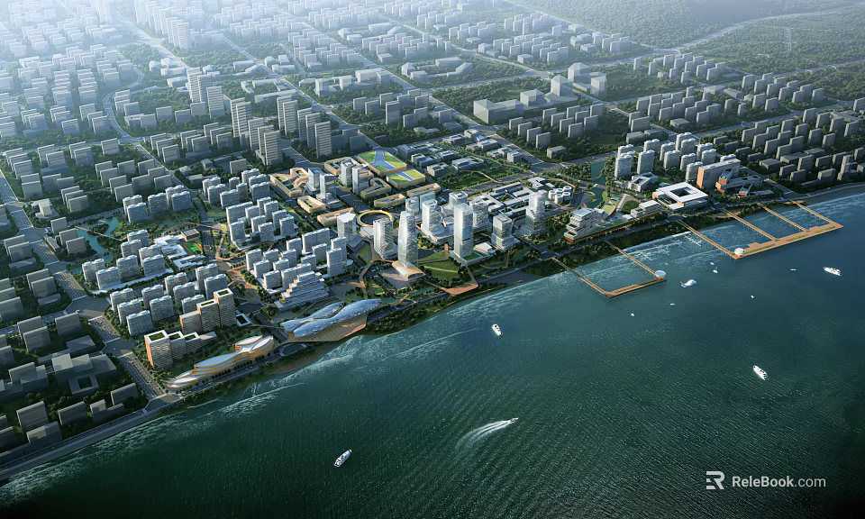 Aerial Urban Planning With High Rise Buildings Green Spaces Waterfront And Road Networks 3d model 