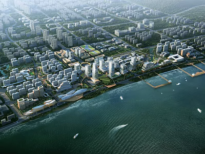 Aerial Urban Planning With High Rise Buildings Green Spaces Waterfront And Road Networks 3d model