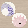 Two Round Rugs Purple Smiley and Pink Sun X Eyes Designs on Wooden Floor