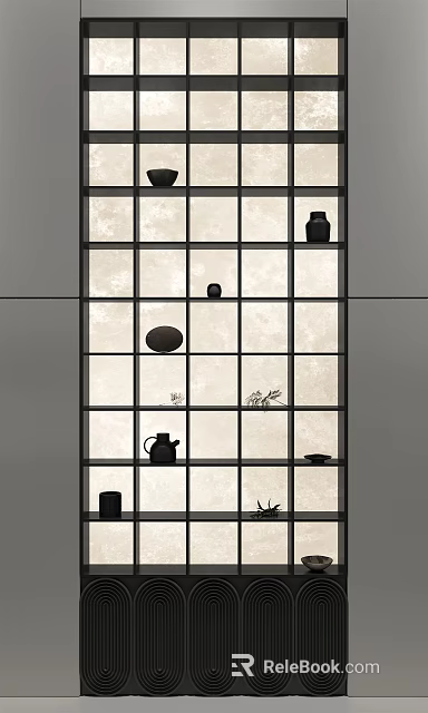 Modern Grid Design Shelving Unit With Black Decorative Items On Light Background 3d model 