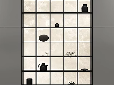 Modern Grid Design Shelving Unit With Black Decorative Items On Light Background 3d model