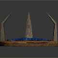 Decorative Circular Stone Platform With Blue Liquid Spiked Pillars And Red Accents